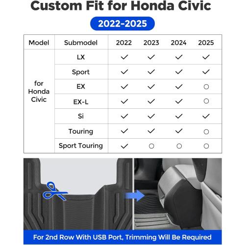 Custom Fit 3 Pcs Floor Mats for Honda Civic 2022-2025 - All-Weather Rubber Mats & Liners, Heavy Duty Car Interior Protection for Civic, Weather-Resistant & Easy to Clean