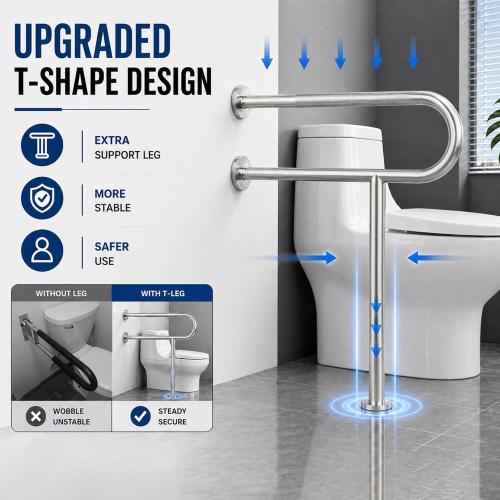 Toilet Grab Bar with Leg, Floor Mounted Knurled Safety Rail, Heavy Duty Brushed Nickel Stainless Steel Support Handle, Bathroom Stand Assist, Non-Slip Mobility Aid for Elderly, Disabled, 31 Inch
