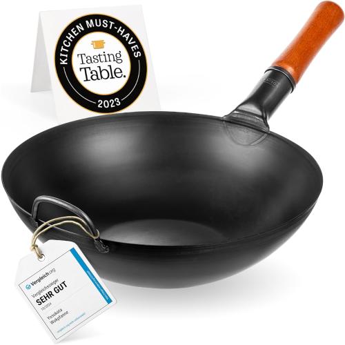 YOSUKATA 13.5 Carbon Steel Wok Pan – Pre-Seasoned Flat Bottom Pow Wok for Stir Fry, BBQ, Grill & Camping – Traditional Japanese Chinese Cookware – Compatible with Induction, Electric, Gas, Open Fire