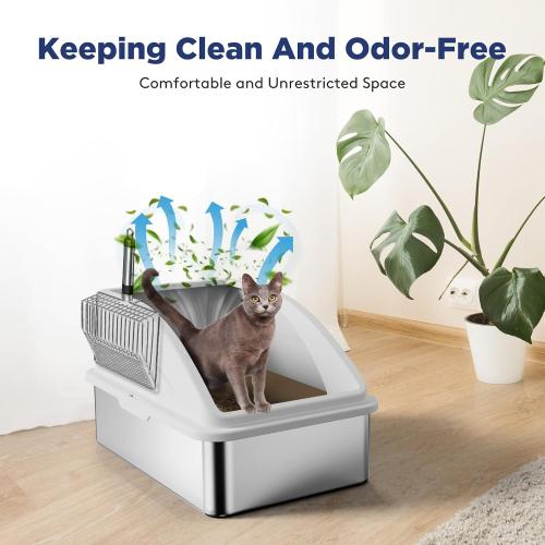 Grey 23.2 x 15.7 x 12.2 FURTIME Stainless Steel Litter Box with Lid, XL Metal Cat Litter Box for Big Cats, Extra Large Box High Sided, Non-Sticky, Easy to Clean, Anti-Urine Leakage, Include Metal Litter Scoop