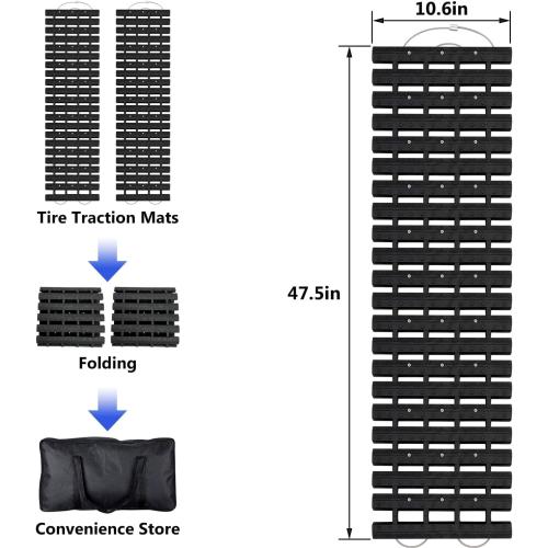 BASHIK Portable Recovery Traction Mat Tracks for Car/Truck in Mud, Snow, Ice，Sand Emergency Strong Grasping Strength Gloves and 1 Bag Attached（2 Pcs 47.5“ X 10.6”）
