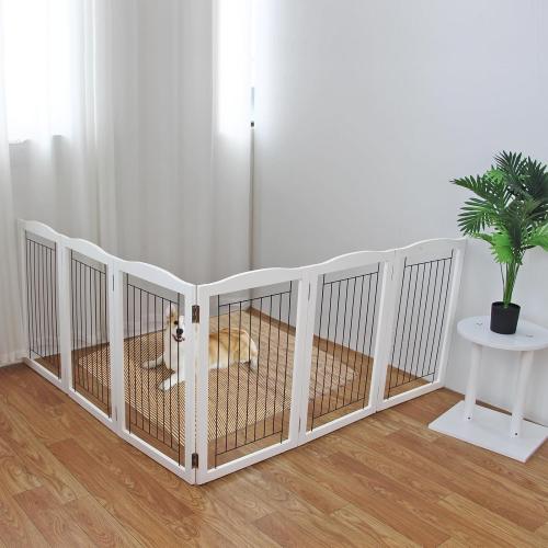 ZJSF Freestanding Foldable Dog Gate - Extra Wide White Puppy Gate for Stairs & Doorways - Tall 4 Panels Wooden Pet Fence
