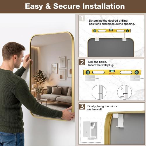 24x36 Inch Bathroom Mirrors for Over Sink, Brushed Gold Rectangle Mirror for Bathroom or Entryway, Wall Mounted Vanity Mirror with Aluminum Alloy Frame & Tempered Glass, Hangs Horizontally/Vertically