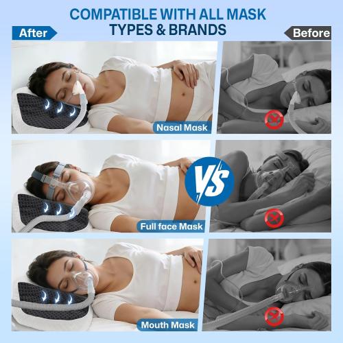 CPAP Pillow for Side & Back Sleepers - Mask Compatible Contour Design to Reduce Leaks, Breathable Memory Foam Pillow with Ergonomic Support & Hose-Friendly Cutouts for Comfortable Sleep, Black