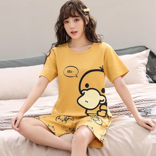 Size XL-Cute Pajama Set Short Sleeves Short Pants Cotton Kawaii Women Summer Cartoon With Pocket Sleepwear Pjs Nightshirt