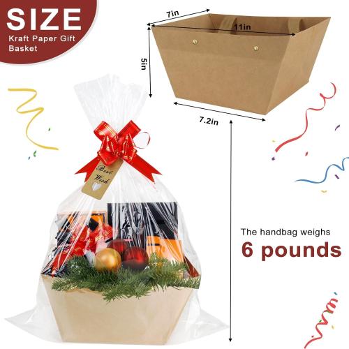 KEVTVEK Bigger Baskets for Gifts Empty, 6 Pack Sturdy Kraft Basket With Handles Gift Basket Kit, 6 Shrink Wrap Bags, 6 Bows and Hang Tag, Empty Gift Baskets to Fill for Easter Birthday Baby Shower