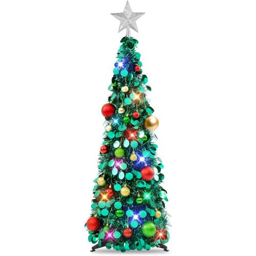 N&T NIETING Pop Up Christmas Tree with Lights, Collapsible Tinsel Xmas Tree Decorations, Pencil Christmas Tree Skinny Tree for Holiday Xmas Home Office Decor, 25 Balls, 3Ft, Peacock Blue