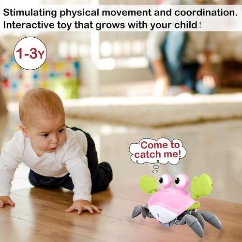 Color Pink Crawling Crab Baby Toy - Tummy Time Toys - with Music and LED Light,Built-in Rechargeable Battery and Volume Can be Turned Off for 0-6 6-12 12-18 36 Months Walking Toddler Birthday Gift(Pink)