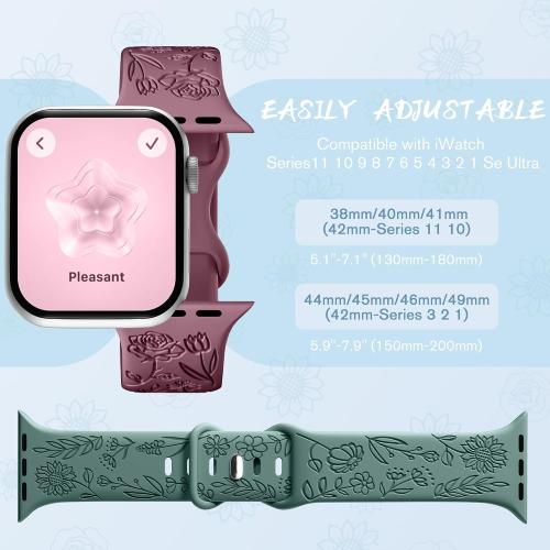 SNBLK 6 Pack Floral Engraved Bands Compatible with Apple Watch Bands 40mm 41mm 42mm 38mm 44mm 45mm 46mm 49mm Women Men, Silicone Flower Pattern Strap for iWatch Series 11 10 Se Ultra 9 8 7 6 5 4 3 2 1