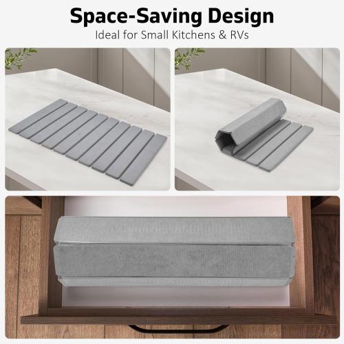 Stone Dish Drying Mat for Kitchen Counter – Collapsible 24(L)×16 (W) Super Absorbent Diatomaceous Earth Dish Drying Mat, Grey Kitchen Counter Mats for Dishes ,Bottles, Cups, Match Any Countertop