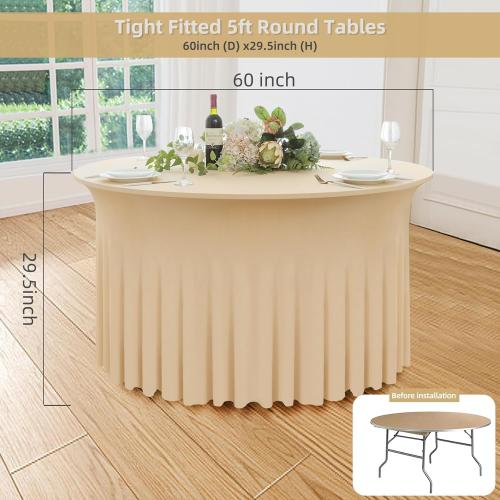 2 Pack Champagne Round Spandex Tablecloth 60 Inch, Wrinkle Free Stretch 120 Inch Round Fitted 5ft Tables, Ruffle Skirt Table Covers for Wedding Party Banquet