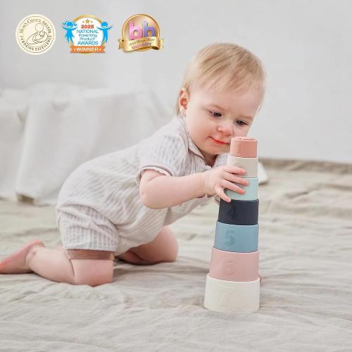 Moonkie Stacking Cups Toy, Fun Educational Baby Toys Silicone Soft Teething Toy, Age 6  Months, 7 Piece Set