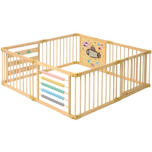 Wooden Playpen Extra Large for Toddlers and Babies - Under The Sea Theme Toy Design - (8/10) Wood Panels - Foldable and Adjustable Baby playpen - Extra Large Baby playpen (8-Panels)