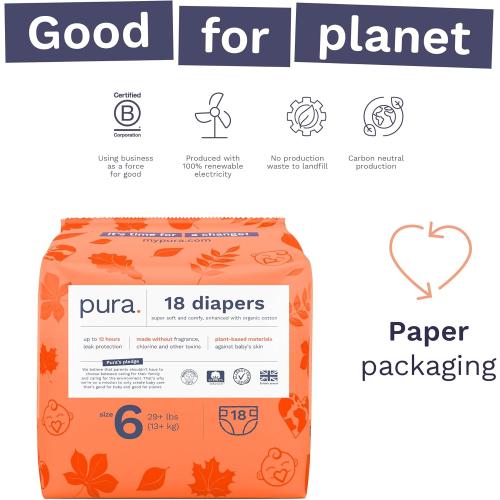 Pura Size 6 Eco-Friendly Diapers (29  lbs) Hypoallergenic, Soft Organic Cotton, Sustainable, up to 12 Hours Leak Protection, Allergy UK, Recyclable Paper Packaging, 18 Count (Pack of 3) (54 Diapers)
