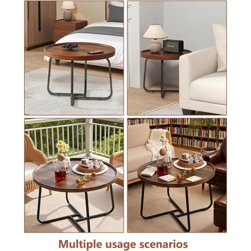 20 inches Round Coffee Table, Wooden Surface Top & Sturdy Metal Legs Coffee Table with Fluted, End Table for Living Room Bedroom Office Balcony Yard (Walnut, 20 inches)