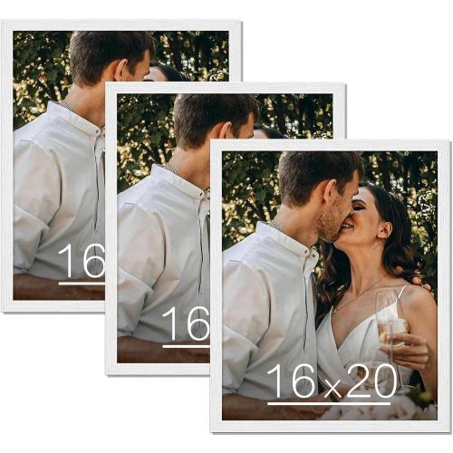 White 16x20 Frame Set of 3 - Rustic Woodgrain 16 x 20 Poster Frame with Plexiglass for Wall Gallery Display, 16x20 Picture Frame for Puzzles, Artwork, Photos and Posters - Ideal Christmas Day