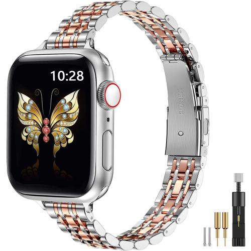 MioHHR Slim Metal Band Compatible with Apple Watch Band 42mm(Series 11 10) 41mm(Series 9 8 7) 40mm(Series 6 5 4 SE3/2/1) 38mm(Series 3 2 1),Stainless Steel iWatch Bands for Women,Silver/Rose Gold