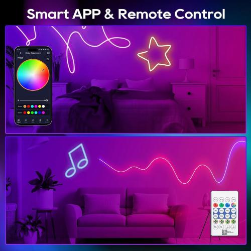 3.28Ft RGB IC LED Neon Rope Lights, USB Powered Music Synchronized Flexible LED Strip Lights, App/Remote Control Waterproof LED Neons Light, Used for Bedroom, Gaming, Party, Indoor and Outdoor.