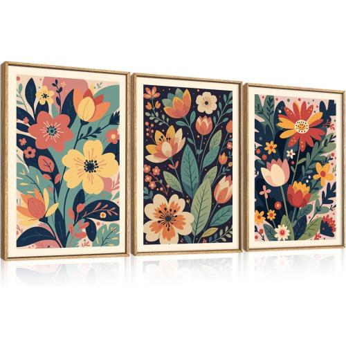 KAIRNE Vintage Colorful Floral Framed Canvas Wall Art Set,Mid Century Modern Flower Wall Decor,Retro Wildflower Art Prints,Boho Botanical Artwork for Living Room,Bedroom,Farmhouse,Office-16 x24 x3