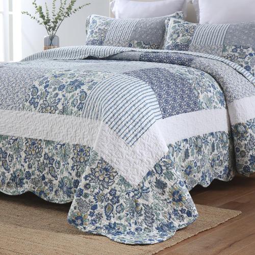 Cotton Bedspread Quilt Bedding Sets 3 Pieces Reversible Coverlet Sets Comforters Vintage Floral Patchwork Blue Bedspread (Blue Vintage Floral, Queen Size)