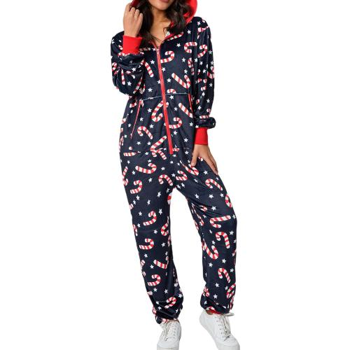 KMBANGI Women XL Christmas One Piece Pjs Hooded Fleece Jumpsuit with Pocket Zipper Romper Printed Pajamas Holiday Sleepwear