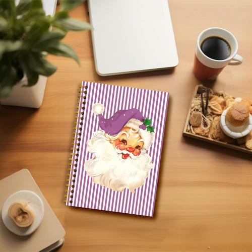 Guymn Purple Christmas Santa Notebook, Trendy Santa Xmas Journal, Purple and White Striped Christmas Hardcover Spiral Notebooks Journals, 5.5x8.3 Inch