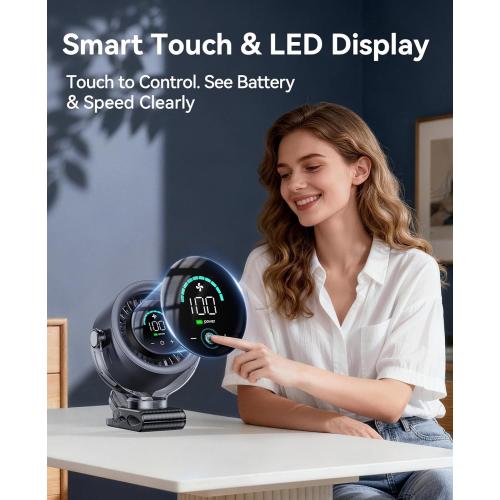 KIMMOO 4000mAh Rechargeable Portable Clip on Fan-100-Speed Touch Control, LED Display, 360° Rotate Quiet Turbo Desk Fan, Small Battery Operated USB Fan for Stroller Bed Travel Camping Golf Gym (Black)