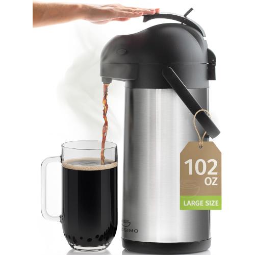 Cresimo Coffee Carafe with Pump - 102oz / 3L Airpot 12 Hours Large Hot Water Carafe, Cocoa Dispenser for Parties - Tea Flask, Insulated Stainless Steel Airpots for Hot Beverage Dispenser -Coffee Pump