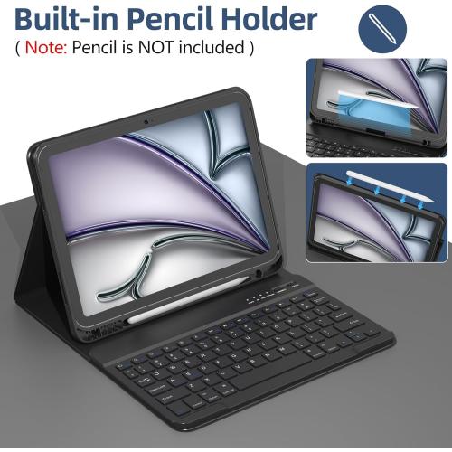 KBCASE for iPad Air 11 inch (M4/M3/M2) 2026/2025/2024 Case with Keyboard, Keyboard Case for iPad Air 5th/4th Gen/for iPad Pro 11 2018, Detachable Wireless Keyboard Case with Pencil Holder(Black)