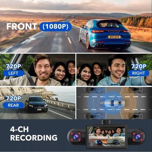 4-Camera Dash Cam for Cars - Front, Interior, Side, and Rear DVR With IR Night Vision, 1080P 480P*3 Simultaneous Recording, 360 Degree Panoramic Protection, WDR