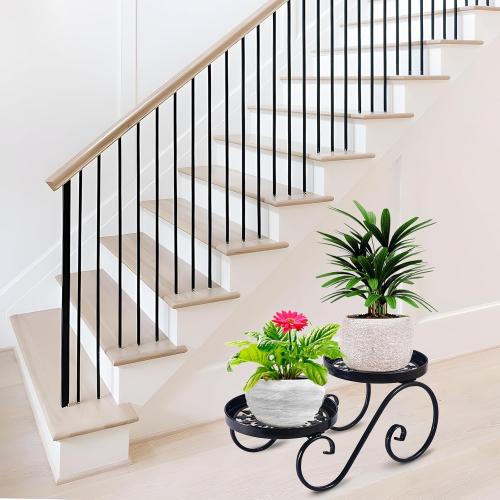 2 Tier Black Plant Stand, Metal Flower Stand Indoor Outdoor, Anti-Rust Iron Plant Shelf, Round Flower Pot Stands for Multiple Plants, Display Rack Potted Plant Holders for Garden Home Decor