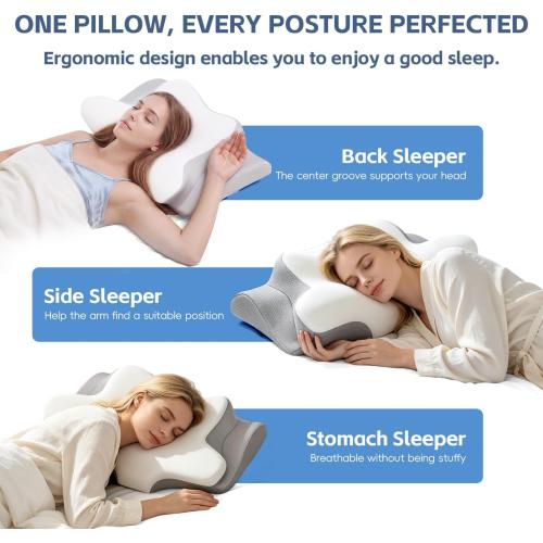 Cervical Neck Pillow, Memory Foam Pillows for Neck and Shoulder Pain Relief, 2 Heights Ergonomic Pillow with Breathable Ice Silk Cover, Neck Support Pillow for Side Sleepers White