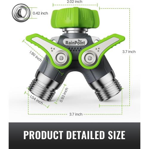 RAINPOINT 2 Way Garden Hose Splitter | Heavy Duty Water Spigot Splitter with Shutoff Valves, 100% Metal Body, 1.9 Extra Long Metal Handle, 3/4 GHT Thread