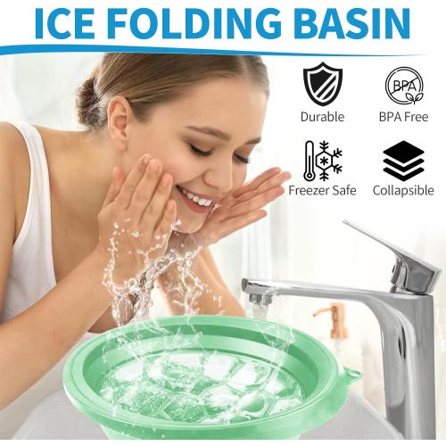 2PCS Face Ice Bath Bowl Foldable Basin with Built-in Ice Tray Collapsible Silicone Bowl for Dipping Face Bath Portable Spa Tool for Home & Travel Reducing Puffiness (Green)