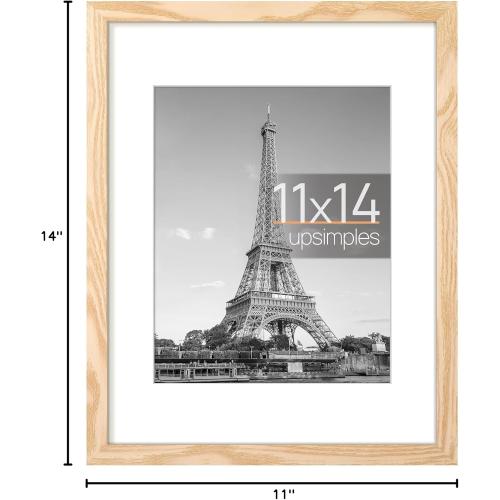 upsimples 11x14 Picture Frame, Display Pictures 8x10 with Mat or 11x14 Without Mat, Wall Hanging Photo Frame, Natural, 1 Pack