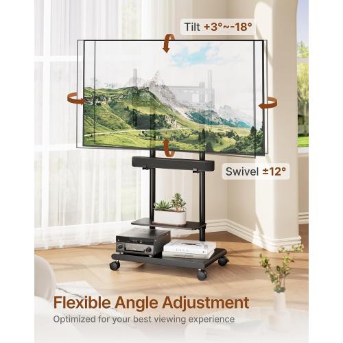 Rolling TV Stand with Soundbar Mount for 37-75inch TVs up to 154lbs | Swivel&Tilt Mobile TV Stand with Large Storage,Height Adjustable,Steel Base,Max VESA 600x400mm,Sturdiness,Easy Assembly,Black