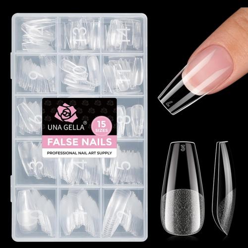 UNA GELLA Coffin Gel Nail Tips Medium Pre-Etched Full Cover 15 Sizes 300PCS