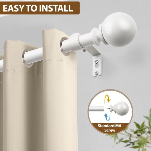 KAMANINA Curtain Rod 32 to 58 Inches (2.6-4.8ft), White Curtain Rods for Windows, 7/8 Inch Adjustable Modern Drapery Rod with Round Finials