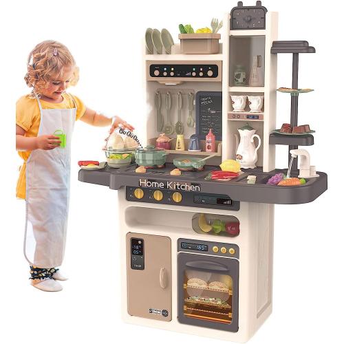 Play Kitchen for Kids, Interactive Play with Lights and Sounds, Real Steam, Play Sink, Cutting Food Set, 65 PCS Toy Kitchen Set for Boys Girls