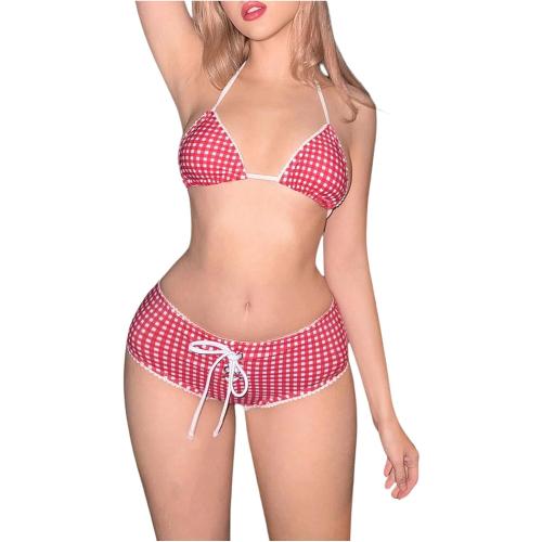 Size M Women's 2 Piece Plaid Bikini Set Gingham Halter String Triangle Bathing Suit Cheeky Swimshorts Swimsuits