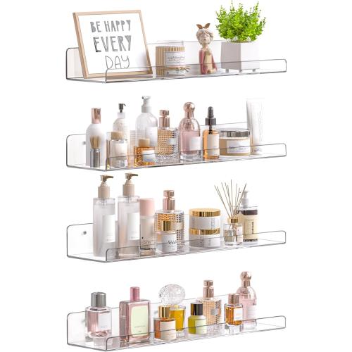upsimples Acrylic Shelves for Bathroom Storage, 15 Floating Shelves Wall Organizer for Perfume, Make up, Skincare, Kids Bookshelf for Bedroom, Nursery, Living Room Decor, Clear, 4 Pack