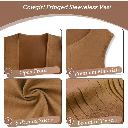 Cowgirl Outfits Costume for Girls 6 Pcs Kids Western Outfit Cowboy Hat Tassel Fringe Vest Earring for Halloween Party