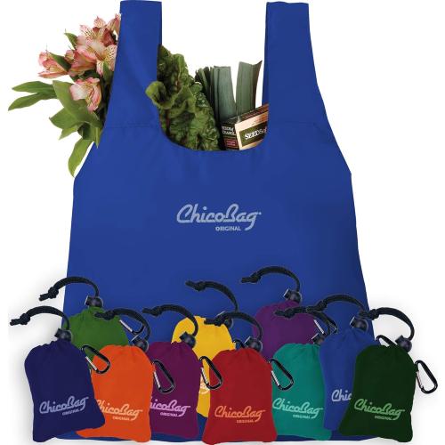 ChicoBag Original Compact Reusable Grocery Bag with Attached Pouch and Carabiner Clip- 4 Pack Blue