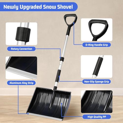 Snow Shovel for Driveway Car Garage, 47 Inch Portable Lightweight Snow Removal with D-Grip Handle, Non-Slip Sponge and Durable Aluminum Blade for Garden Car Camping Outdoor (Black)