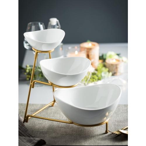 3 Tier Serving Bowls with Stand, Chips and Dip Serving Dishes Set for Entertaining Party, Ceramic Fruit Bowl for Salad Soup Snacks, Microwave & Dishwasher Safe