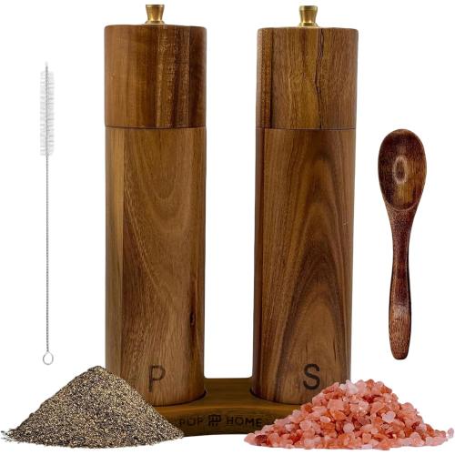 Wooden Salt And Pepper Grinder Set - 8″ Acacia Mills, Adjustable Ceramic Core, Refillable Wood Salt and Pepper Shakers With Tray, Spoon & Brush
