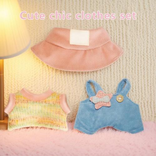 17cm Doll Clothes Outfits - Cozy Knit Top & Beanie Hat for 6.7 Inch Collectible Dolls (Blue Overalls)