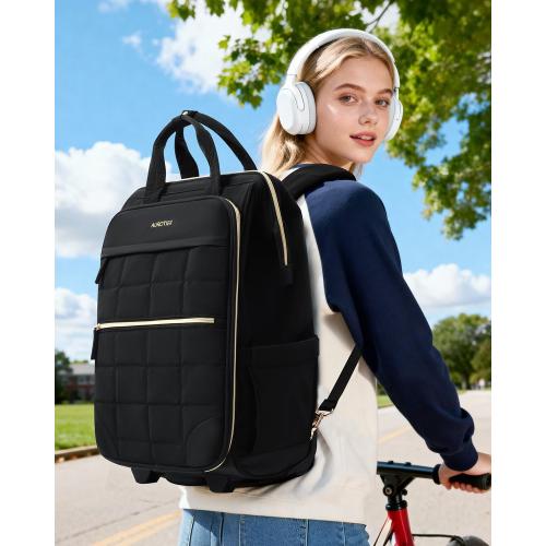 Rolling Puffer Backpack for Women, Wheeled Laptop Backpack, Short-Term Travel Backpack with Wheels, Roller Adults Work Computer Bag, Water Resistant Overnight College Underseat Carry on Luggage, Black