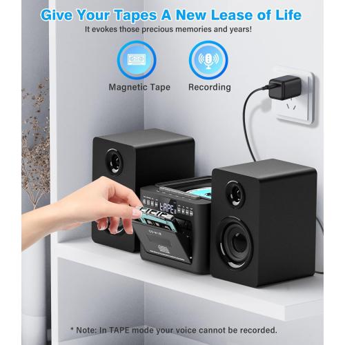 Black Greadio Stereo System for Home with Boombox CD and Cassette Player Combo, 40W Home Stereo System with Bluetooth, FM Radio/USB/TF/AUX/Remote Control, Detachable Wooden Bookshelf Speakers