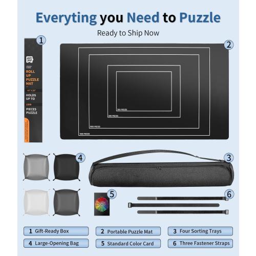 Join&Joy Jigsaw Puzzle Mat Roll Up, Rubber Saver Pad 46 x 26 , with 4 Sorting Trays & Travel Storage Bag, Portable Rollup Puzzles Keeper, Up to 1500 Pieces